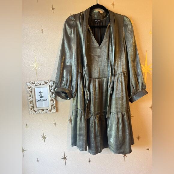 SOLD Gigio Shimmering Metallic Gold Green Mini Dress Brunch Event Party - Picture 4 of 10